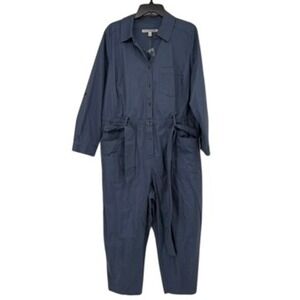 Martha Stewart Jumpsuit Women 1X Blue Signature Utility Button Front Tie Waist